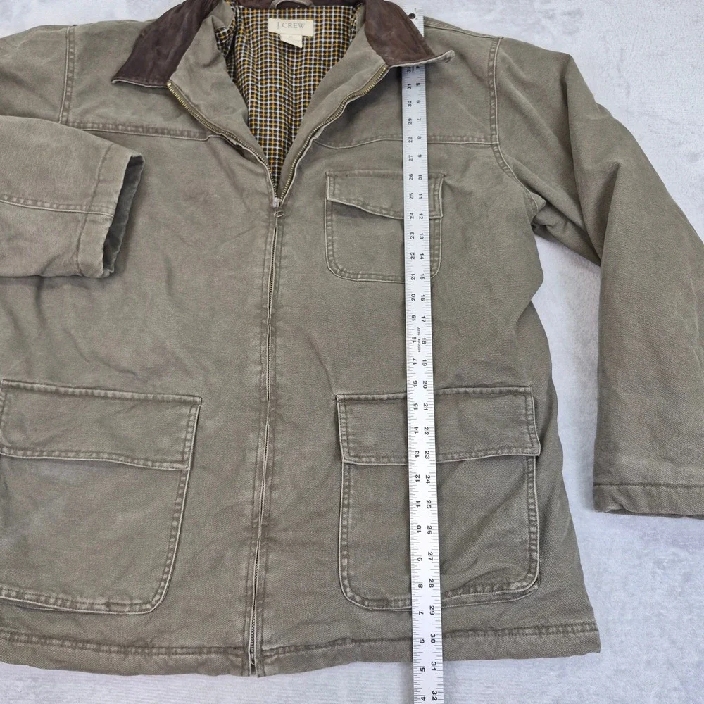 J Crew Mens Barn Jacket XL Olive Drab Canvas Leather Collar Plaid Field Coat